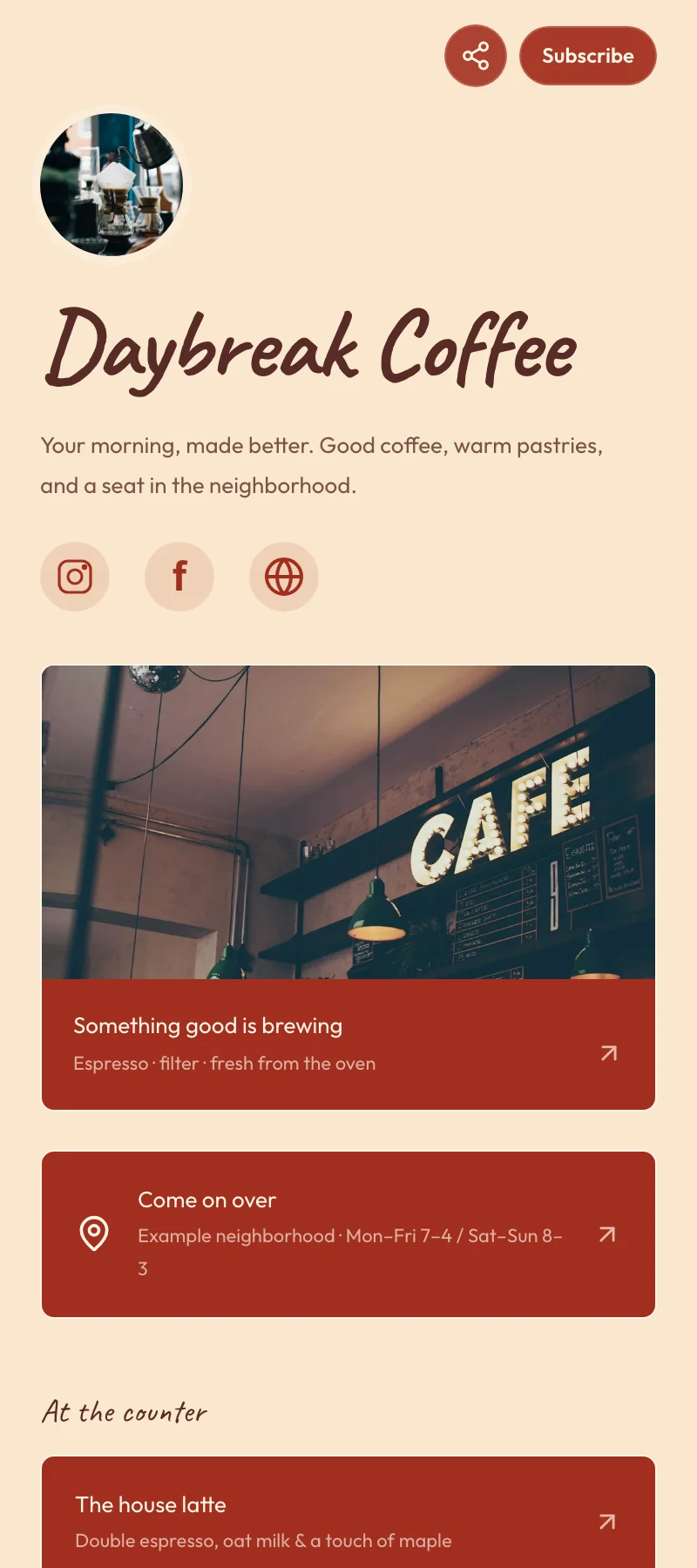 Daybreak Coffee starter showing its menu, featured drinks, and neighborhood location