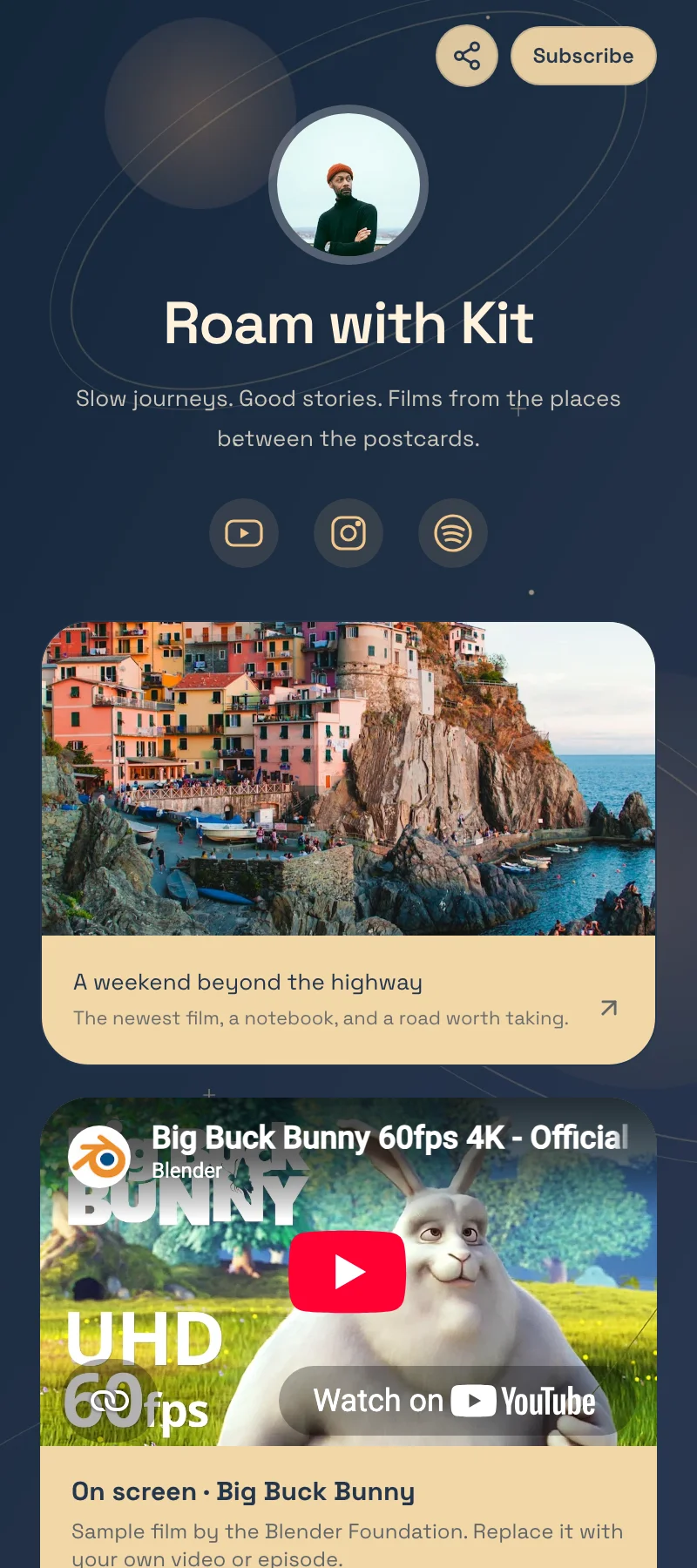 Roam with Kit creator starter with a featured film, video, and film and gear links