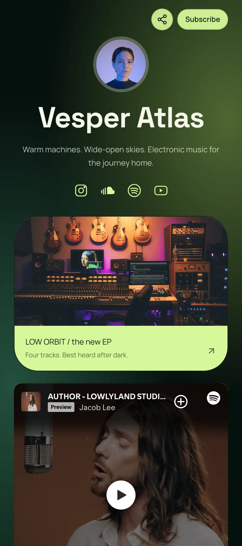 Vesper Atlas musician starter with a featured EP, Spotify player, and fan signup structure